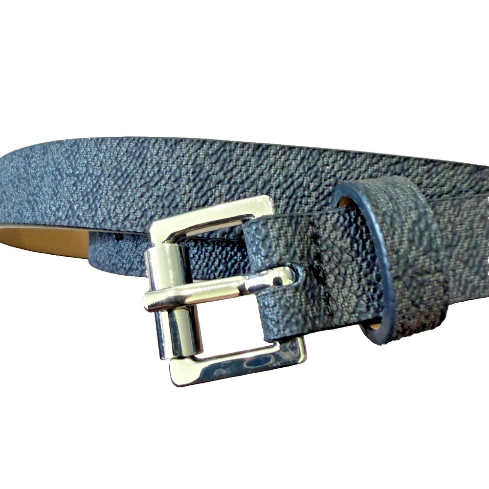 Michael Kors Black Logo Women's Belt Silver Buckle Size XL Synthetic Skinny Thin